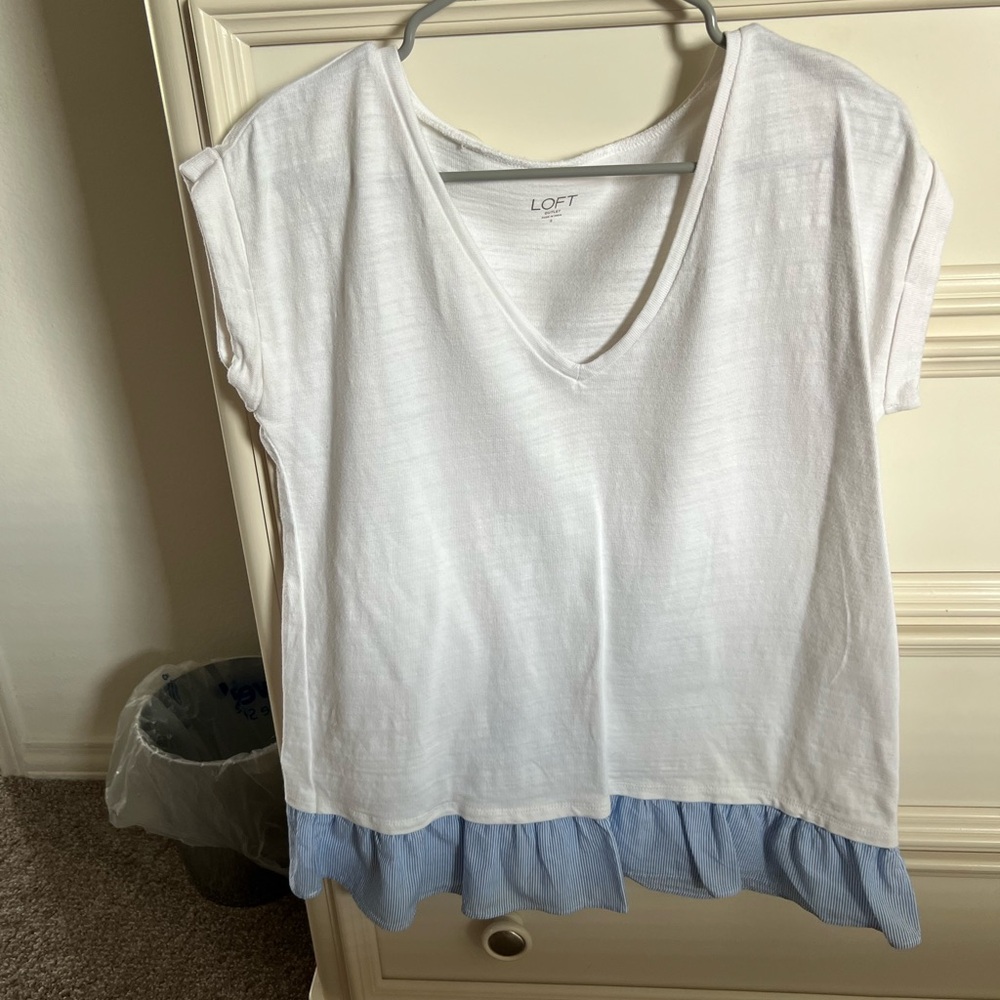 Loft White and Blue Ruffle Hem Top